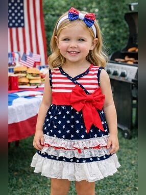 Ruffles Tutu & Lulu Patriotic Dress Red White Blue Stars Stripes Bow Girls 2T
